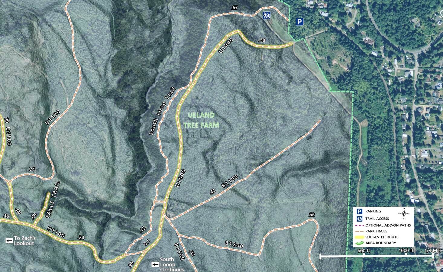 Ueland Tree Farm Trail Map - Imagery - Main Area & Dickerson Falls