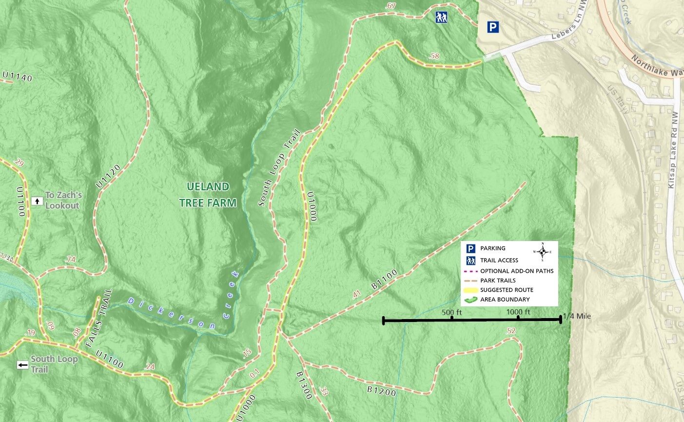 Ueland Tree Farm Trail Map - Main Area & Dickerson Falls
